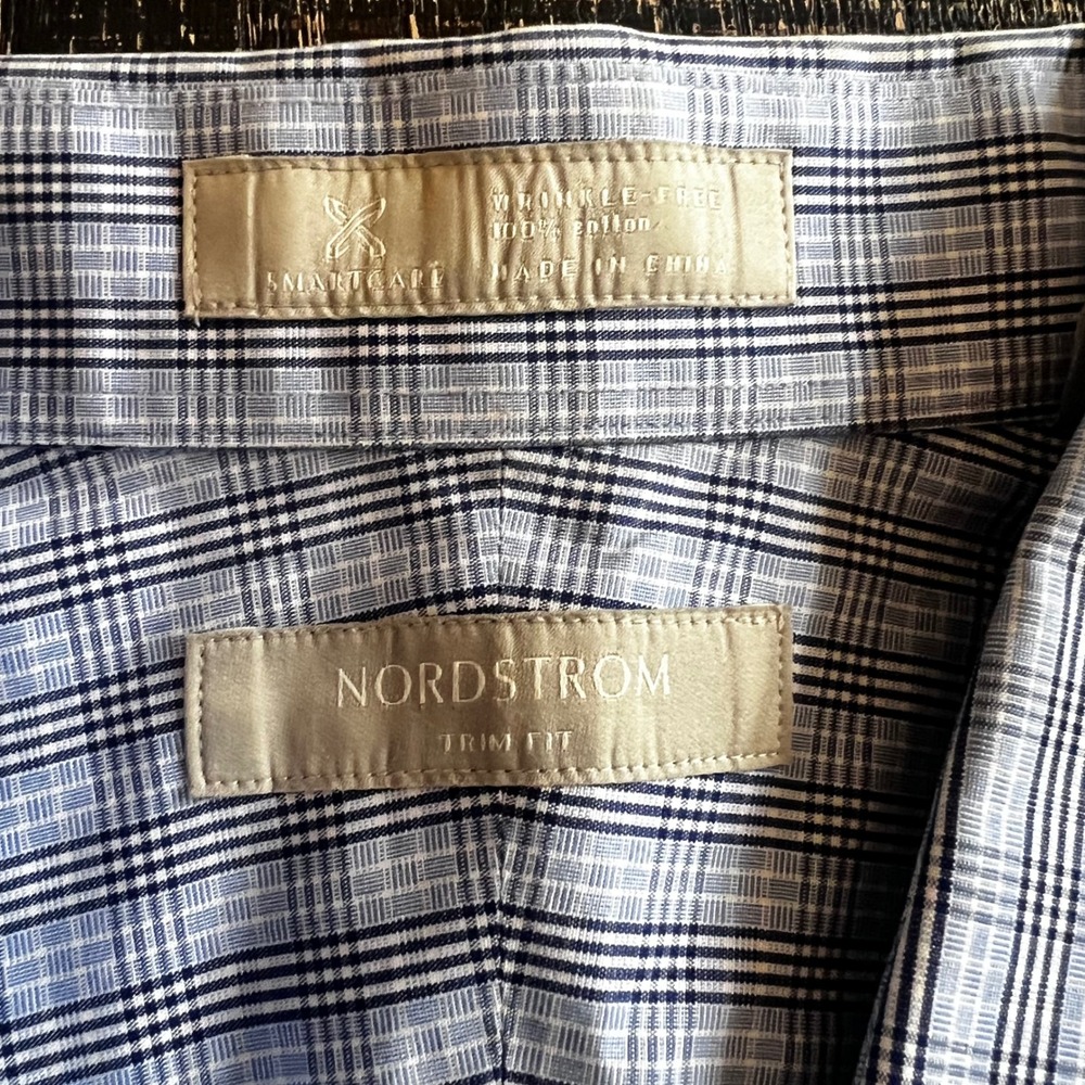 Nordstrom Smartcare Mens Trim Fit Plaid Button Down Shirt Blue Grey 17.5 32-33 - Picture 7 of 7